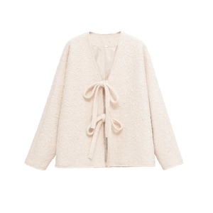 Women V Neck Tie Up Faux Wool Jacket Elegant Loose Long Sleeve Fuzzy Plush Coat Solid Color Warm Casual Autumn Winter Outerwear