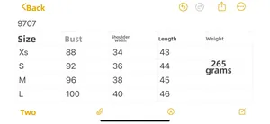 Size chart for model 9707 women set showing bust, shoulder, and length from XS to L