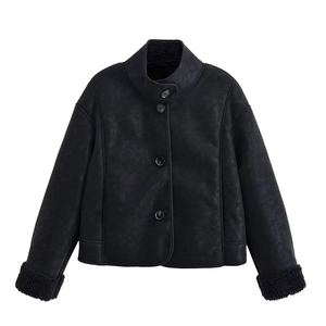Women's black faux suede jacket with stand collar and warm shearling lining detail
