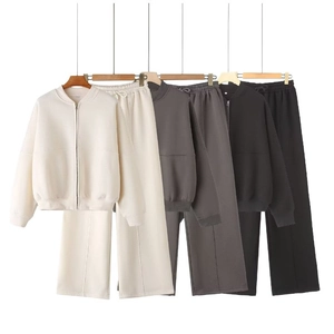 Women's zipper bomber jacket and high-waisted wide-leg pants set in three neutral colors