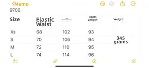 Detailed size chart for women high waist pants style 9706 with waist and length measurements