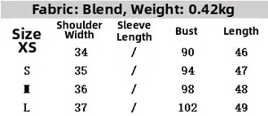 Size chart for faux fur vest showing shoulders, bust, and length measurements from XS to L