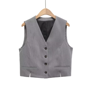 Women's Elegant Grey Sleeveless Single Breasted Vest Top And High Waist Straight Leg Pants Bottom Professional Office Clothing