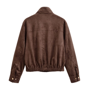 Back view of brown faux suede bomber jacket with stand collar and elastic hem