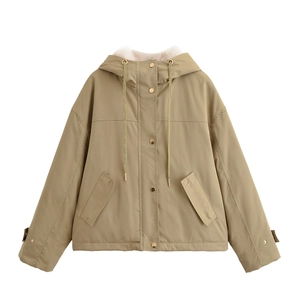Chaqueta Acolchada con Capucha para Mujer Moda Caqui Manga Larga Cremallera Parka Abrigo con Capucha de Pelo Sintético Streetwear