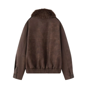 Women's dark brown faux suede jacket featuring a plush shearling collar back view