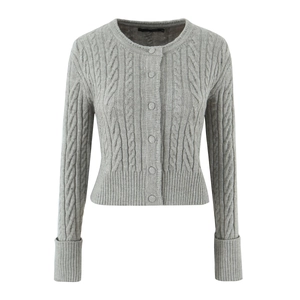 Light gray cable knit cardigan with round neck and buttons in a slim-fit cropped design