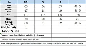Tableau des tailles pour veste en suédine indiquant les mesures du XS au L en centimètres