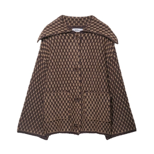 Vintage oversized knitted cardigan with geometric pattern and large lapel collar