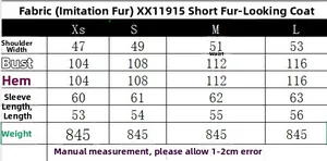 Size chart table for faux fur jacket with measurements for shoulders, chest, and length