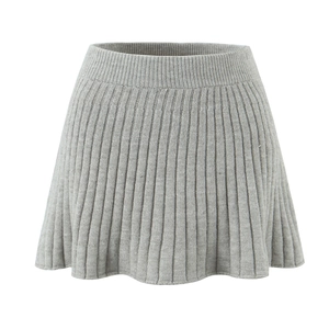 Women's chic light grey cable knit pleated mini skirt with elastic high waist band