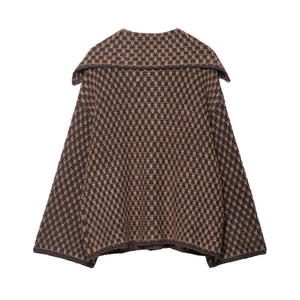 Women's autumn knit cardigan featuring a brown geometric pattern and large sailor collar