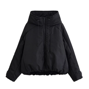 Veste Rembourrée Décontractée Noire Pour Femmes À Capuche Ourlet À Cordon Manches Longues Manteau D'Hiver En Coton Streetwear