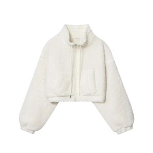 Women's white fleece zip-up baseball jacket with stand collar and minimalist short design
