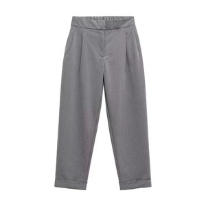 Flat lay of dark grey high-waist trousers with pleated front and stylish cuffed hems
