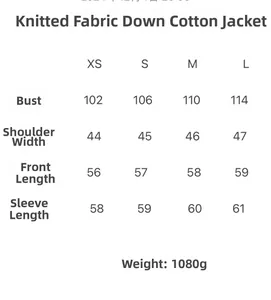 Size chart for French design knit down cotton jacket with detailed measurements