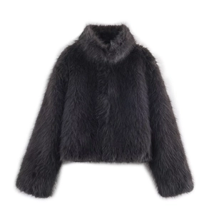 Detailed close-up of dark grey faux fur jacket showing high-quality fluffy texture and collar