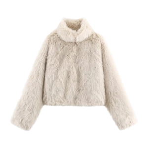 Close-up of soft off-white faux fur texture and stand-up collar on the cropped jacket