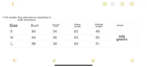 Size chart for women's knit cardigan showing chest, shoulder, sleeve, and length in cm