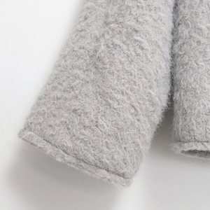 Fashionable V-neck loose long sleeve grey wool coat with plush sherpa texture