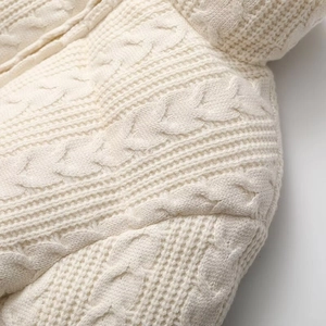 French style cream cable-knit cotton jacket with elegant textured pattern for autumn