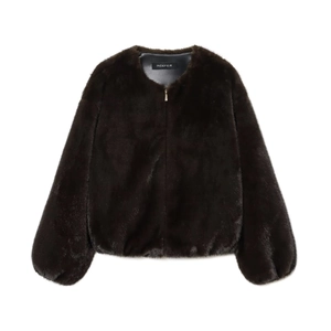 Veste Bomber en Fausse Fourrure pour Femme Mode Chaud Brun Foncé Couleur Unie Col Rond Zippé Manteau Court Décontracté Hiver