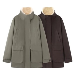 Giacca Parka Imbottita Media Lunghezza da Donna Moda Collo in Finta Lana di Agnello Antivento Cappotto Invernale Spliced