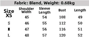 Size chart with measurements for the faux fur jacket including shoulder, sleeve, and chest