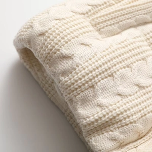 Close-up of thick cable knit texture on a soft cream-white autumn fashion jacket