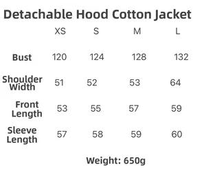 Size guide table for women's padded jacket with detachable hood and measurements in cm