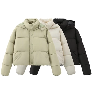 Women Fashion Casual Hooded Padded Puffer Jacket Solid Color Short Quilted Outerwear Coat For Winter Daily Wear Warm Windproof
