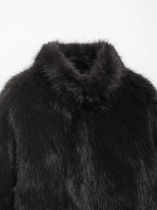 Close-up of the stand collar and plush texture of the black faux fur coat for women