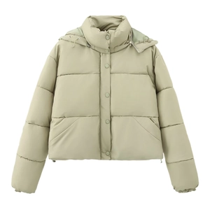 Detail of sage green hooded puffer jacket with button placket and large side pockets
