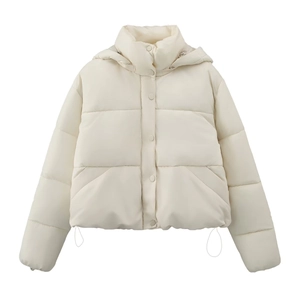 Detail of hooded padded puffer jacket with snap buttons and adjustable drawstrings