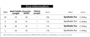 Size chart for faux fur zip-up vest with detailed measurements for XS to L sizes