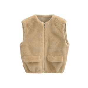 Gilet en Fausse Fourrure pour Femmes Col Rond Sans Manches Gilet Chaud Avec Fermeture Éclair Poches Avant Couleur Unie Veste
