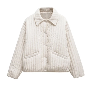 Women's cream quilted lightweight jacket with lapel collar and snap button closure