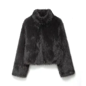 Women's Fashion Black Faux Fur Coat Stand Collar Loose Fit Long Sleeve Short Jacket Elegant Warm Winter Outerwear