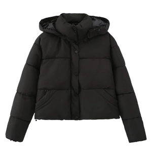 Women's trendy black short hooded puffer jacket with button closure and quilted design