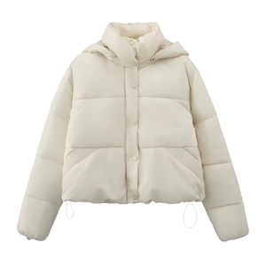 Women's padded hooded jacket in cream white with button closure and drawstring hem