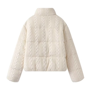 French style cable-knit quilted jacket for women in cream white with a high neck design