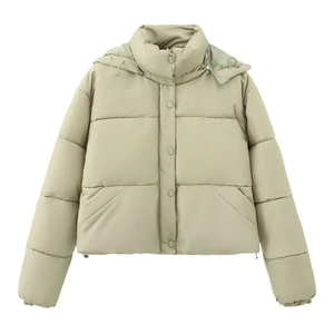 Women's sage green hooded puffer jacket with a short quilted design and stand collar