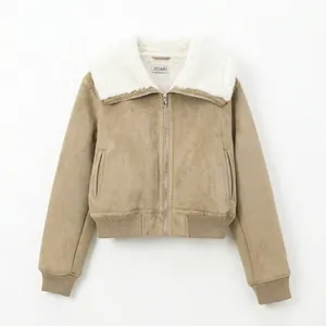 Veste en Suédine pour Femmes Avec Col en Laine d'Agneau Fermeture Éclair Ourlet Nervuré Chaud Hiver Streetwear Khaki Manteau
