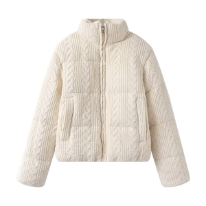 French style cream cable-knit padded jacket for women featuring a chic stand collar and zipper