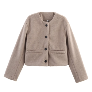Women's minimalist oatmeal fuzzy jacket with round neck and black button closure