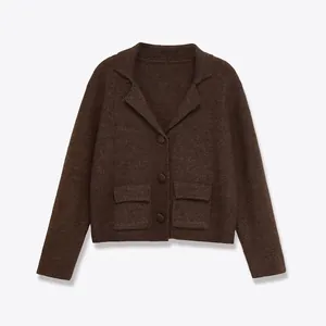 Giacca Cardigan in Maglia con Revers Casual da Donna Solido Caffè Bottone Davanti Maglione a Maniche Lunghe con Tasche Stile Vintage
