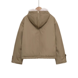 Detail view of khaki jacket back featuring golden zipper hood and faux fur lining