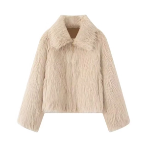 Women Fashion Faux Fur Jacket European Style Lapel Long Sleeve Zipper Loose Short Coat Warm Outerwear Casual Solid Khaki Beige