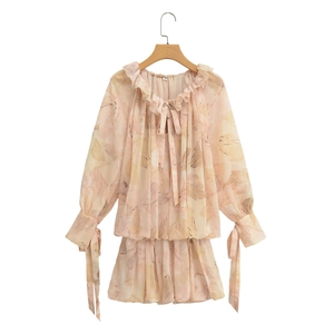 Women Floral Print Ruffle Long Sleeve Blouse And Mini Skirt Elegant Vacation Style Cotton Outfits For Summer Lady