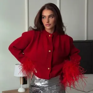 Women's Casual Knit Cardigan Sweater with Faux Feather Cuffs Gold Metal Button Long Sleeve Knitwear Coat Top